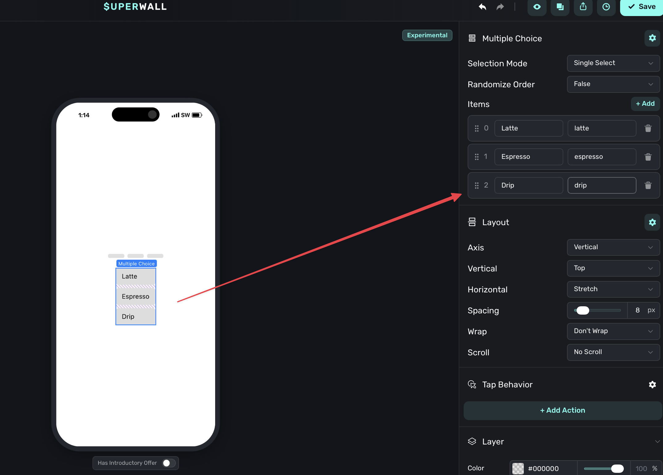 Labels and values for multiple choice items