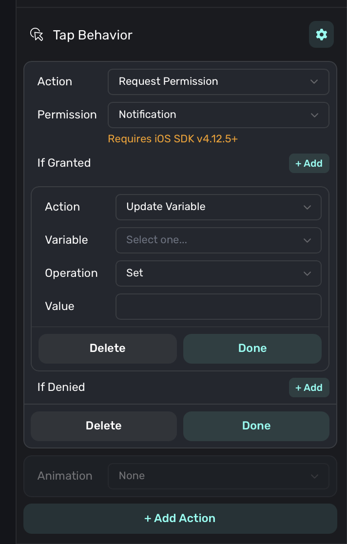 A permission prompt configured as a tap behavior